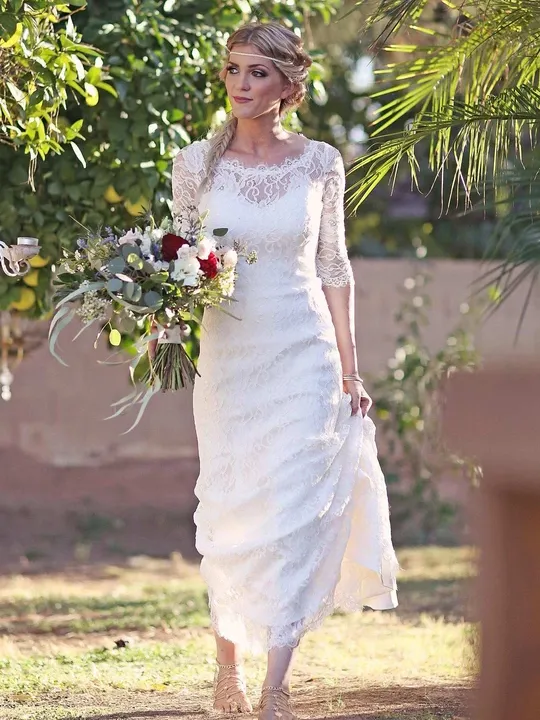 Anneprom Mermaid Half Sleeve Lace Wedding Dress With Cathedral Train  APW0353
