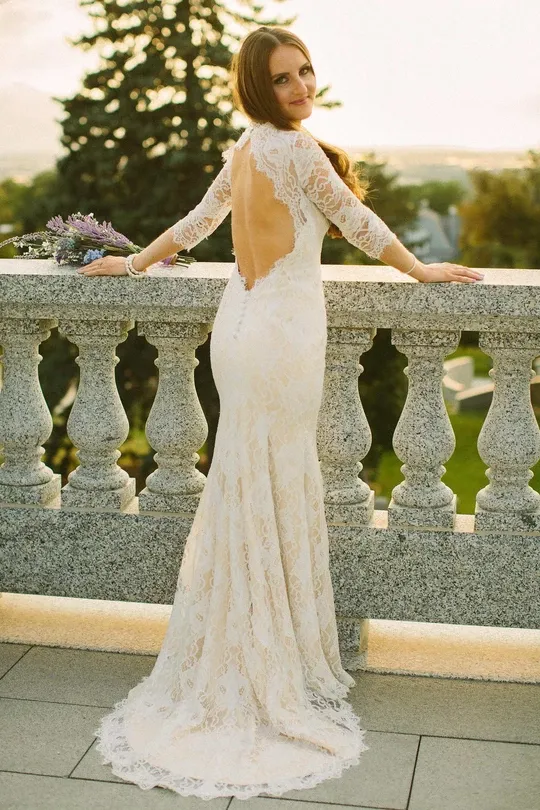 Anneprom Mermaid Half Sleeve Lace Wedding Dress With Cathedral Train  APW0353