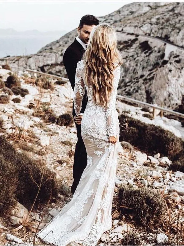 Anneprom Mermaid Long Sleeve Lace Tulle Boho Wedding Dresses Rustic Bridal Dress APW0364