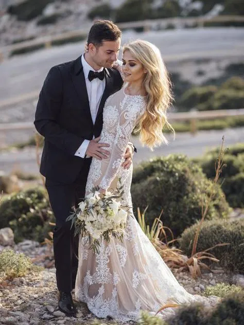 Anneprom Mermaid Long Sleeve Lace Tulle Boho Wedding Dresses Rustic Bridal Dress APW0364