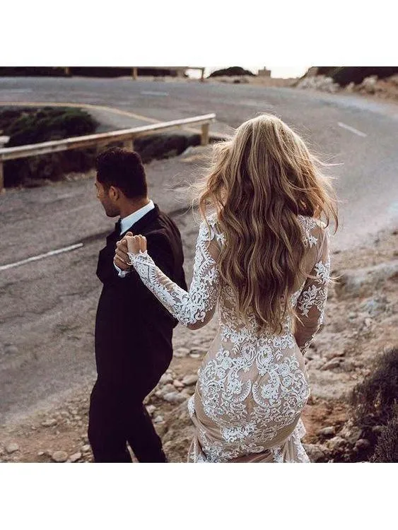 Anneprom Mermaid Long Sleeve Lace Tulle Boho Wedding Dresses Rustic Bridal Dress APW0364