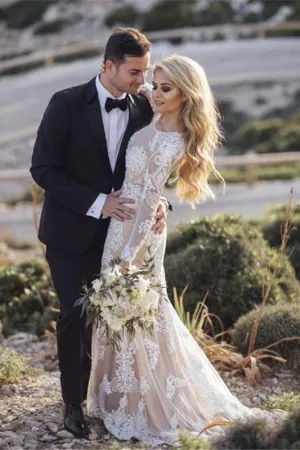 Anneprom Mermaid Long Sleeve Lace Tulle Boho Wedding Dresses Rustic Bridal Dress APW0364