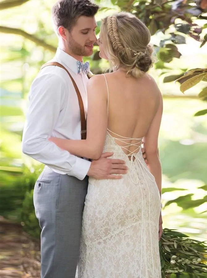 Anneprom Mermaid Spaghetti Straps Backless Ivory Lace Wedding Dress APW0238