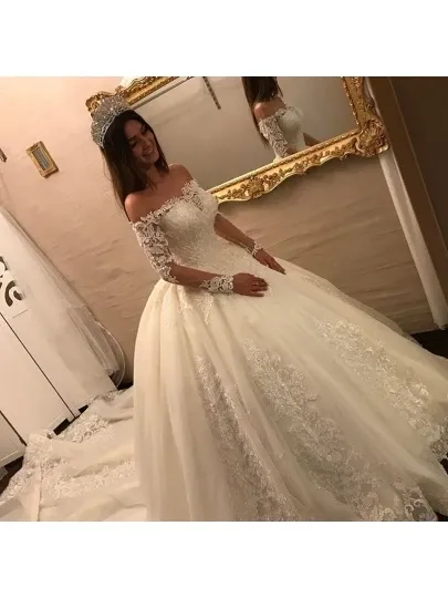 Anneprom Off The Shoulder Long Sleeves Appliques Ball Gown Wedding Dress APW0168