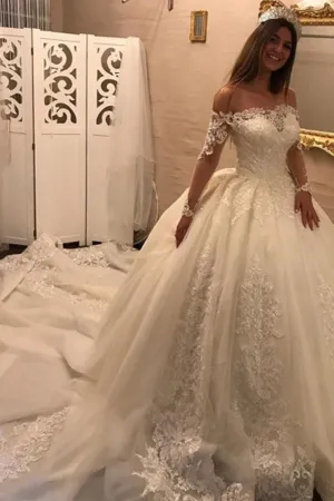 Anneprom Off The Shoulder Long Sleeves Appliques Ball Gown Wedding Dress APW0168