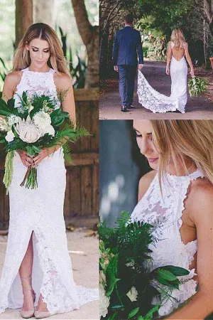 Anneprom Romantic Sexy Front Split Open Back Sleeveless Lace Wedding Dresses With Train APW0210