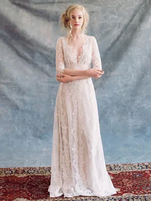 Anneprom Rustic Lace V neck Beach Wedding Dress With Half Sleeve Bridal Gowns APW0356