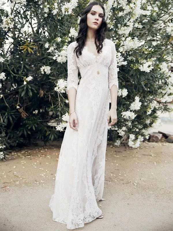 Anneprom Rustic Lace V neck Beach Wedding Dress With Half Sleeve Bridal Gowns APW0356