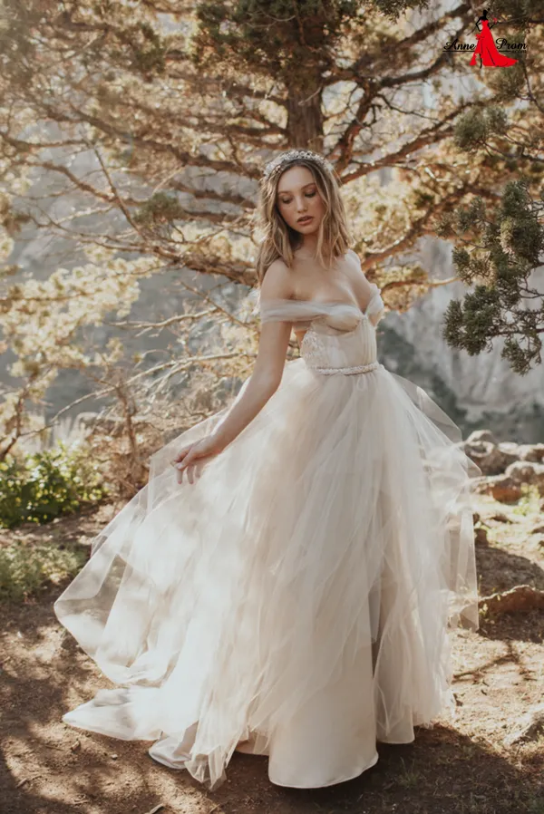 Anneprom Shimmering Decorate Champagne Shades Jeweled Belt Tulle Rustic Wedding Dress Ferya Gown APW0360