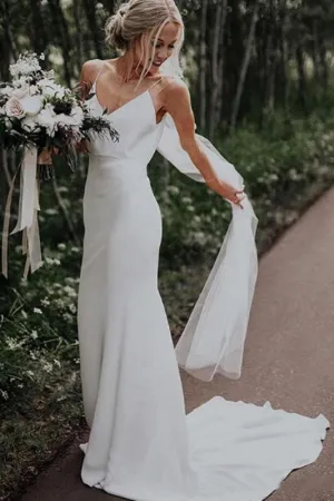 Anneprom Simple Spaghetti Straps Mermaid Beach Wedding Dresses V Neck Satin Boho Bridal Dresses APW0288