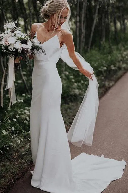 Anneprom Simple Spaghetti Straps Mermaid Beach Wedding Dresses V Neck Satin Boho Bridal Dresses APW0288