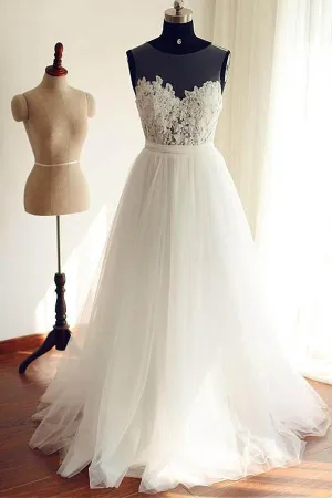Anneprom Tulle Scoop Neckline A-Line Wedding Dresses With Lace Appliques APW0197