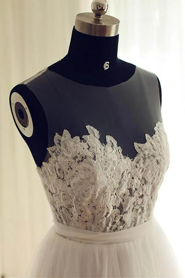 Anneprom Tulle Scoop Neckline A-Line Wedding Dresses With Lace Appliques APW0197