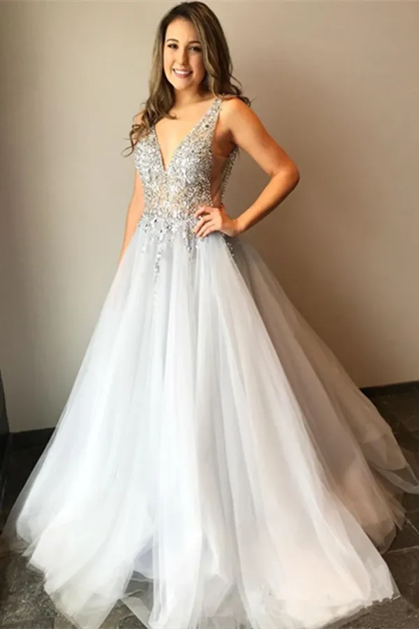 Anneprom Tulle V Neck Ball Gown with Re-Embroidered Lace Appliques Wedding Dresses APW0375