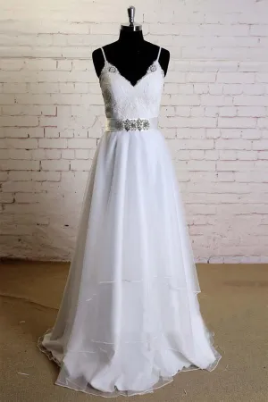 Anneprom V-Neck Sweep Train Satin Appliques Beading Wedding Dresses  APW0174
