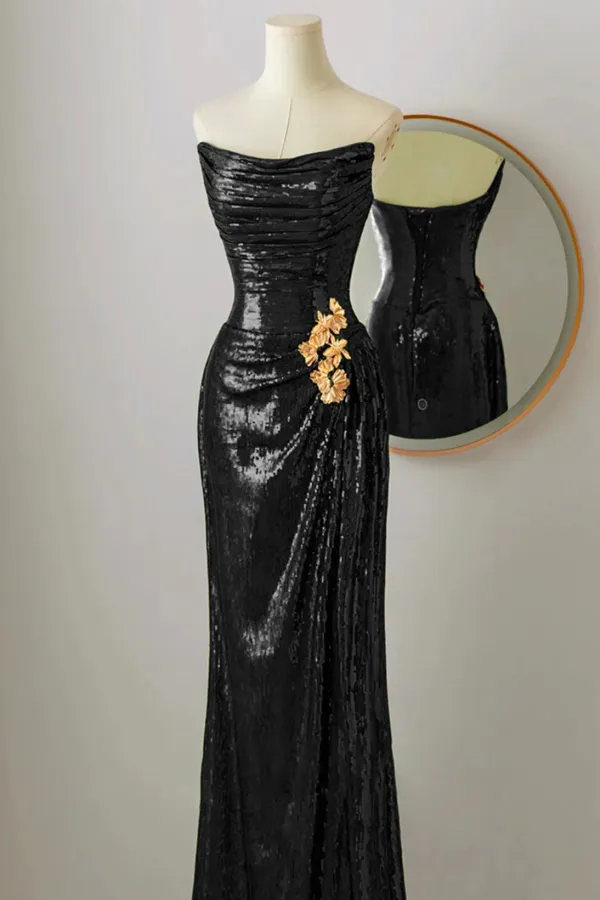 Black Scoop Sequins Floor Length Prom Dress, Black Sequins Evening Dress APP1009