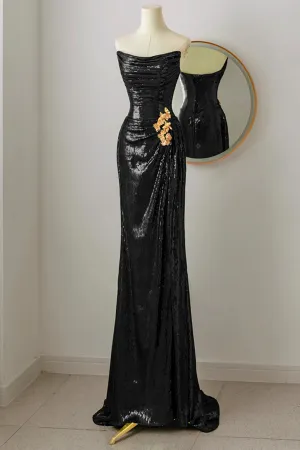 Black Scoop Sequins Floor Length Prom Dress, Black Sequins Evening Dress APP1009