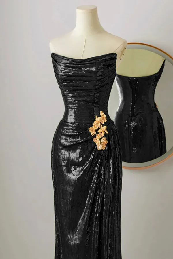 Black Scoop Sequins Floor Length Prom Dress, Black Sequins Evening Dress APP1009
