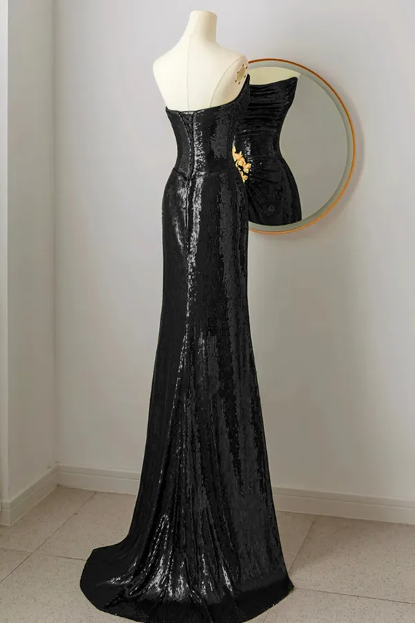 Black Scoop Sequins Floor Length Prom Dress, Black Sequins Evening Dress APP1009