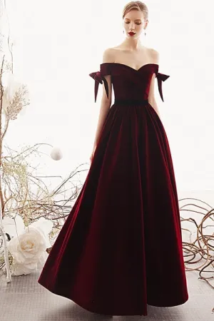 Charming Off The Shoulder Long A-line Burgundy Velvet Evening Dresses Prom Dresses