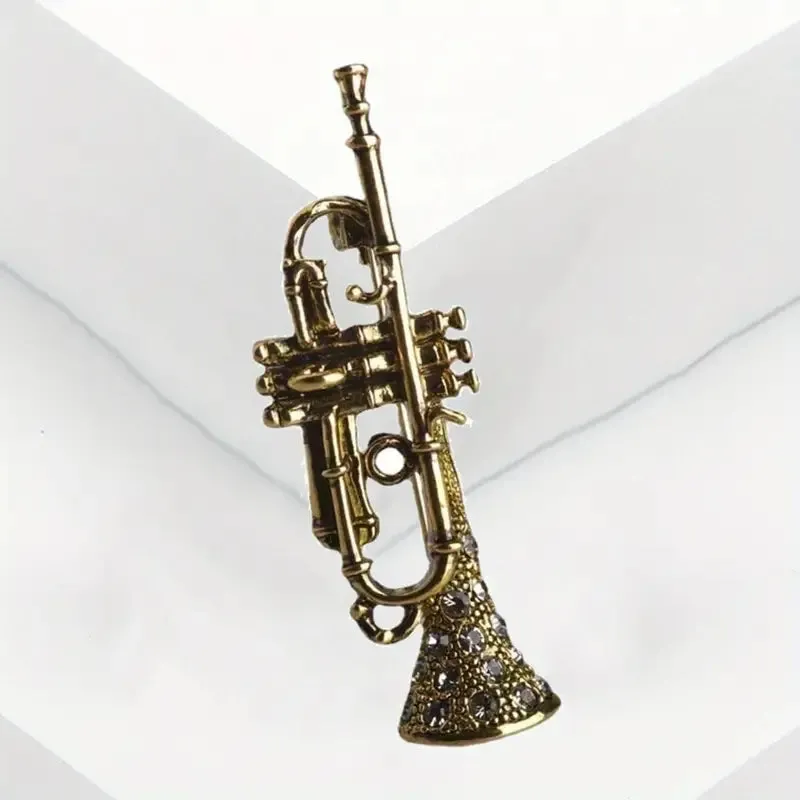 Chic Vintage Saxophone Brooch Pin For Men and Women - Antique Golden Finish With Rhinestone Accents