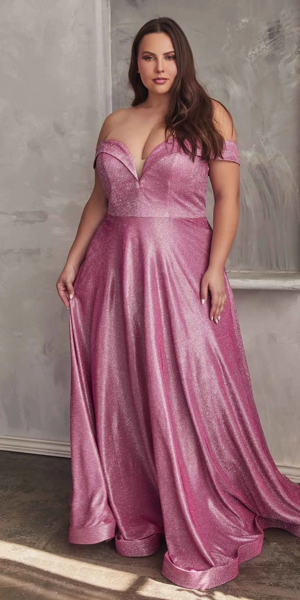 Cinderella Divine CD210C Off The Shoulder A-Line Gown Metallic Glitter