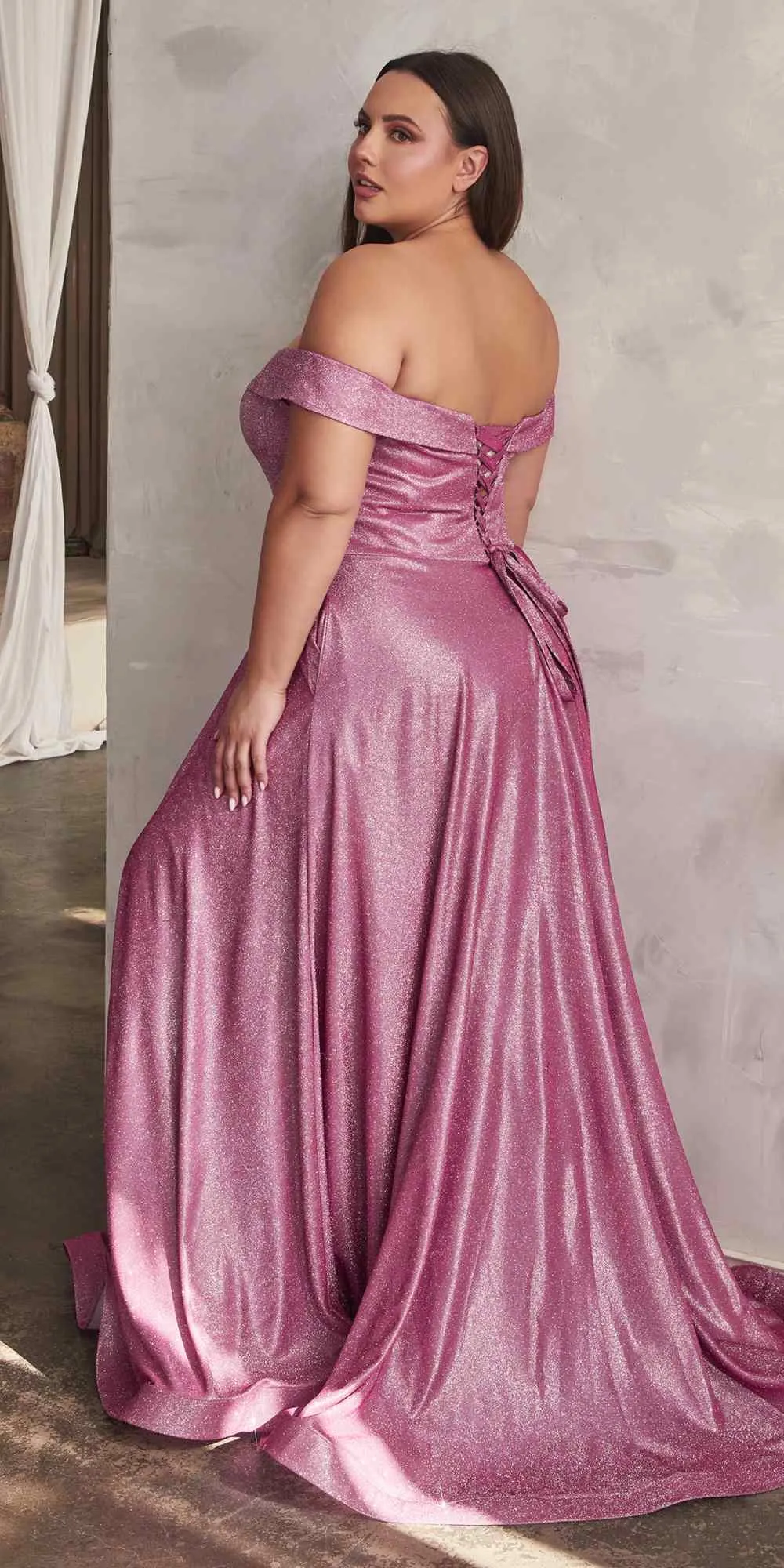 Cinderella Divine CD210C Off The Shoulder A-Line Gown Metallic Glitter