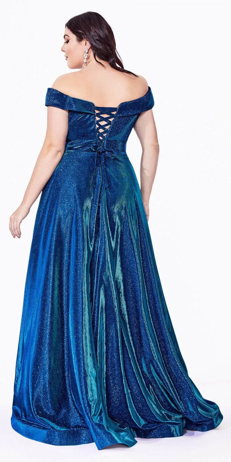 Cinderella Divine CD210C Off The Shoulder A-Line Gown Metallic Glitter
