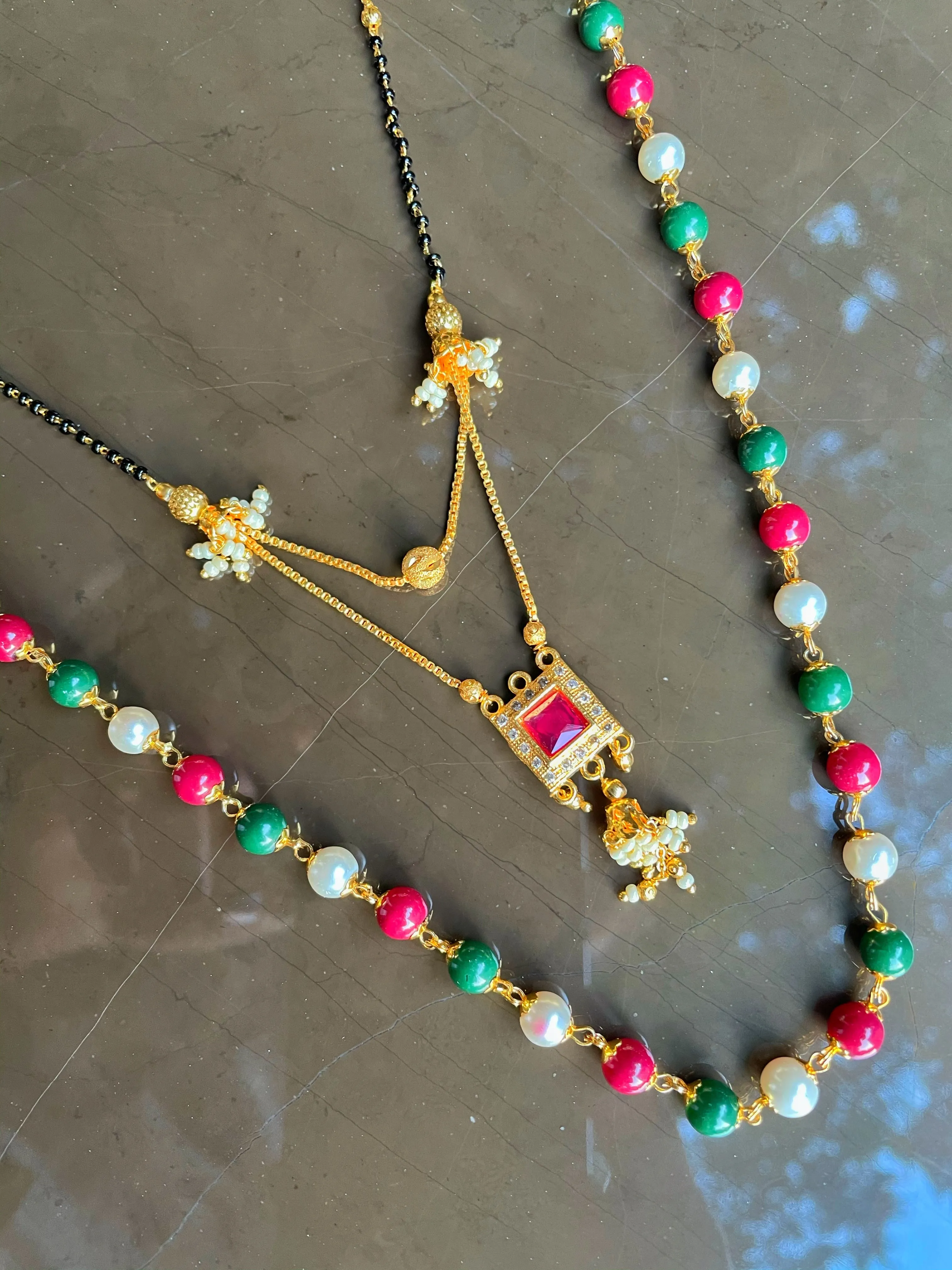 Combo offer (set of 2) Multi Color Moti Mala (24 inch) & Short Mangalsutra (16 inch) One Gram Gold Plated Red Stone in Square Shape Pendant with Moti Latkan Layered Pattern New Mangalsutras Designs For Women