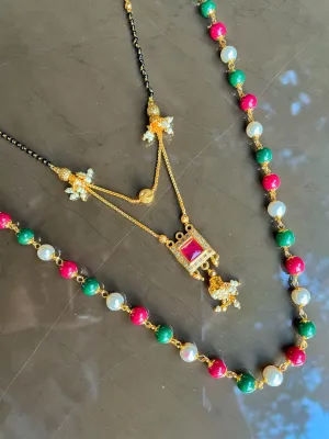 Combo offer (set of 2) Multi Color Moti Mala (24 inch) & Short Mangalsutra (16 inch) One Gram Gold Plated Red Stone in Square Shape Pendant with Moti Latkan Layered Pattern New Mangalsutras Designs For Women
