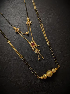 Combo Set of 2 Gold Plated Long Mangalsutra Designs and Short Mangalsutra Designs Red Stone Pendant