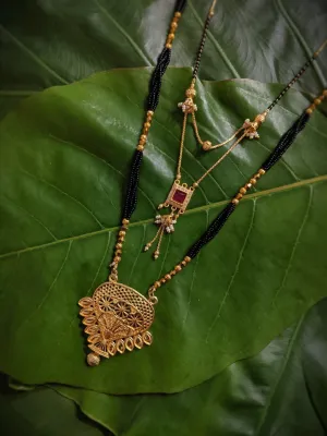 Combo Set of 2 Gold Plated Long Mangalsutra Designs and Short Mangalsutra Designs Red Stone Pendant