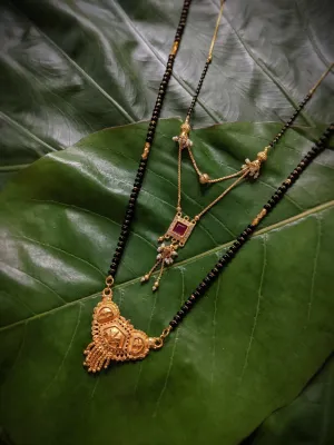 Combo Set of 2 Gold Plated Long Mangalsutra Designs and Short Mangalsutra Designs Red Stone Pendant