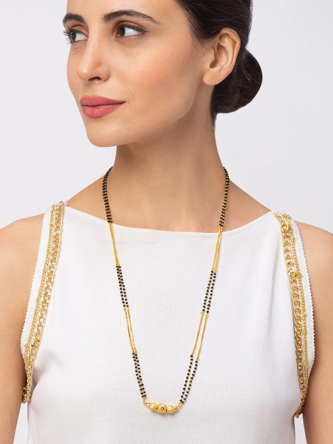 Combo Set of 2 Gold Plated Long Mangalsutra Designs and Short Mangalsutra Designs Red Stone Pendant