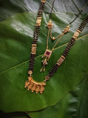 Combo Set of 2 Gold Plated Long Mangalsutra Designs and Short Mangalsutra Designs Red Stone Pendant