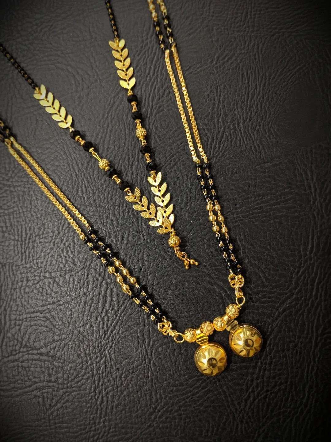Combo Set of 2 Gold Plated Long Mangalsutra Designs and Short Mangalsutra Designs with Leaf Pendant