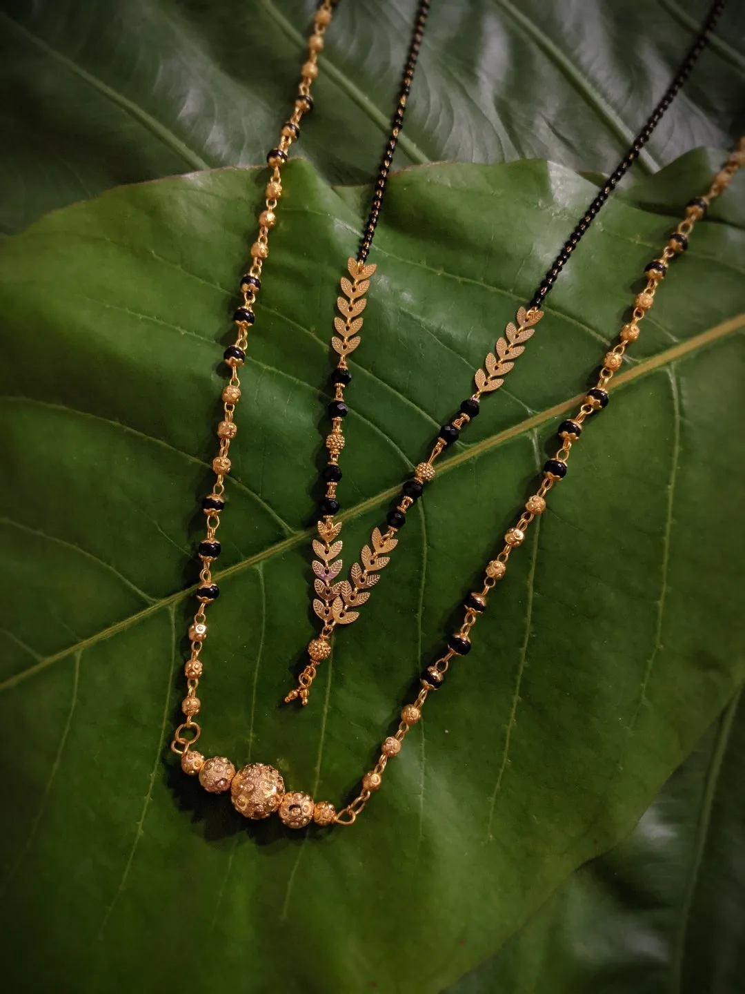 Combo Set of 2 Gold Plated Long Mangalsutra Designs and Short Mangalsutra Designs with Leaf Pendant