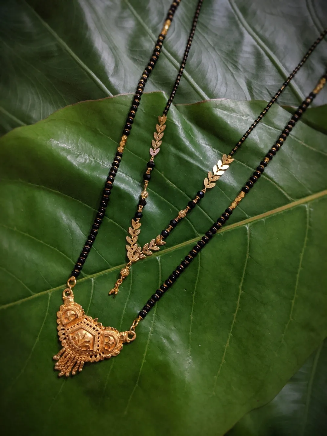 Combo Set of 2 Gold Plated Long Mangalsutra Designs and Short Mangalsutra Designs with Leaf Pendant