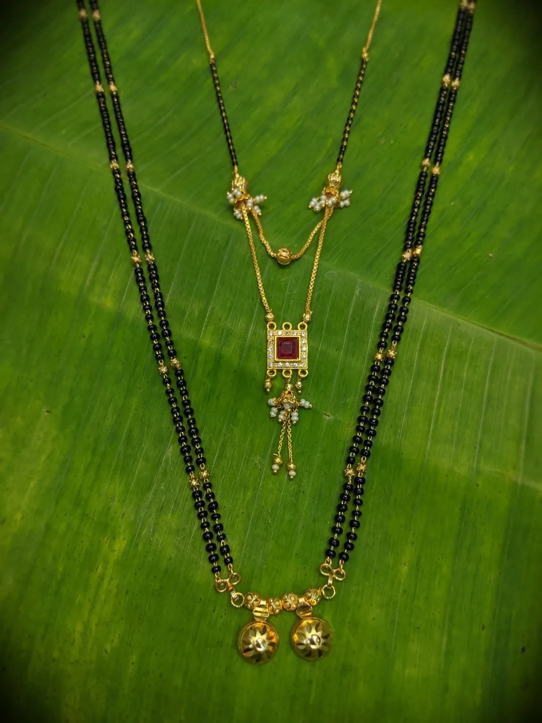 Combo Set of 2 Mangalsutra Designs Gold Plated CZ Layered Pattern/Maharashtrian Style Vati Pendant