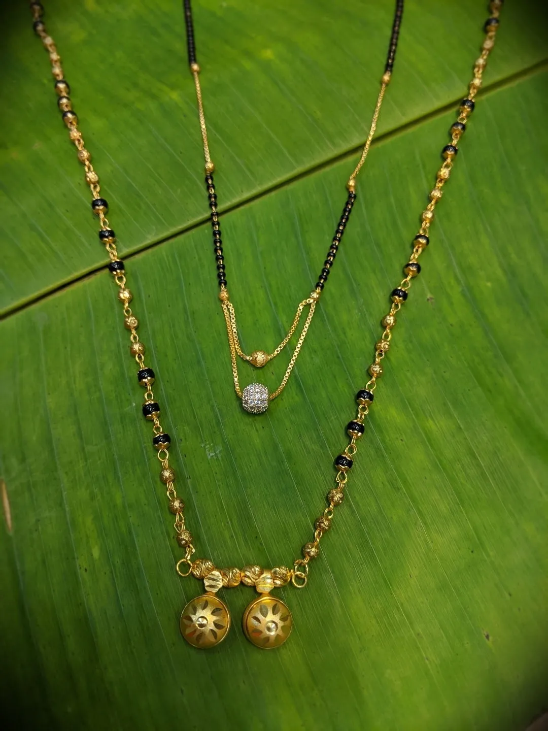 Combo Set of 2 Mangalsutra Designs Gold Plated Layered Pattern Black Gold Beads Vati Pendant