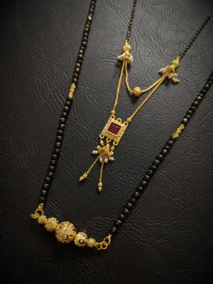 Combo Set of 2 Mangalsutra Designs Gold Plated Square Shape CZ Pendant Layered Pattern Mangalsutras