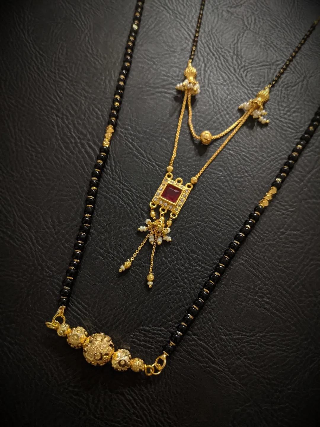 Combo Set of 2 Mangalsutra Designs Gold Plated Square Shape CZ Pendant Layered Pattern Mangalsutras