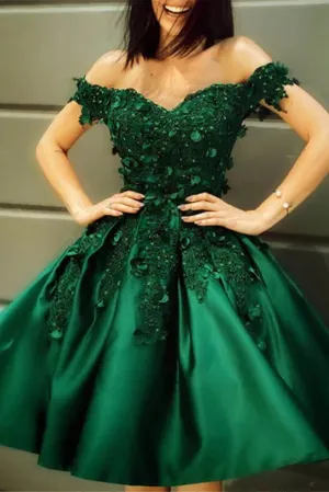 Dark Green Off The Shoulder Appliques Satin Short Homecoming Dresses