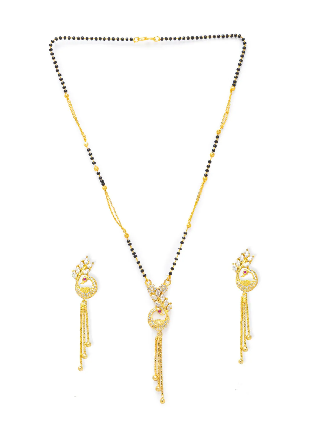 Digital Dress Room Diamond Gold Plated Short Mangalsutra set with Earrings मंगलसूत्र Latest Design/Cz Solitaire/Black Beads Chain Pikok Shape Pendant New Mangalsutra Designs For Women (23 Inches)