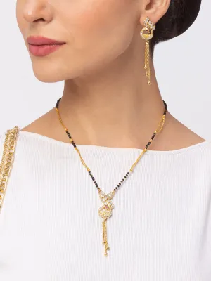 Digital Dress Room Diamond Gold Plated Short Mangalsutra set with Earrings मंगलसूत्र Latest Design/Cz Solitaire/Black Beads Chain Pikok Shape Pendant New Mangalsutra Designs For Women (23 Inches)