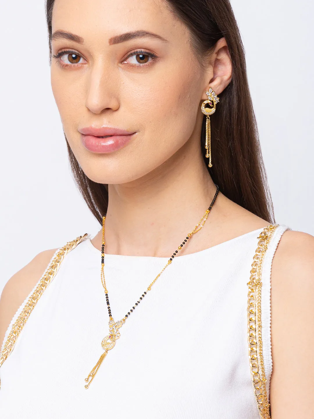 Digital Dress Room Diamond Gold Plated Short Mangalsutra set with Earrings मंगलसूत्र Latest Design/Cz Solitaire/Black Beads Chain Pikok Shape Pendant New Mangalsutra Designs For Women (23 Inches)