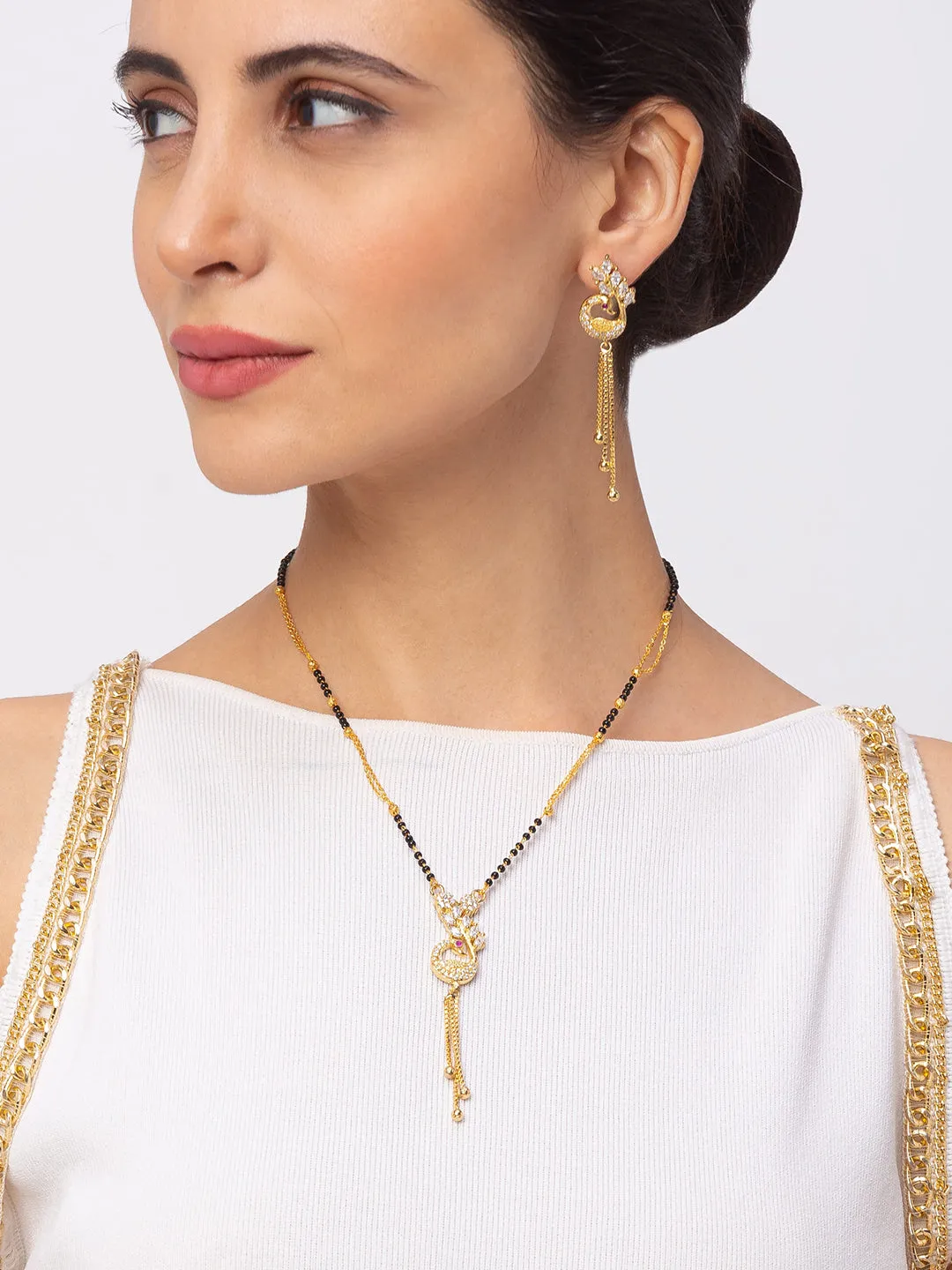 Digital Dress Room Diamond Gold Plated Short Mangalsutra set with Earrings मंगलसूत्र Latest Design/Cz Solitaire/Black Beads Chain Pikok Shape Pendant New Mangalsutra Designs For Women (23 Inches)