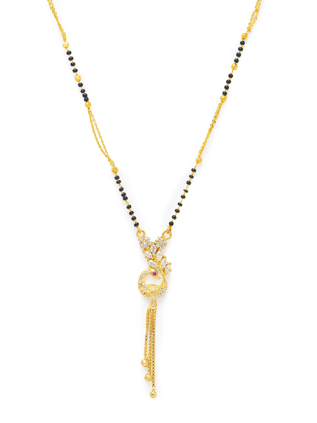 Digital Dress Room Diamond Gold Plated Short Mangalsutra set with Earrings मंगलसूत्र Latest Design/Cz Solitaire/Black Beads Chain Pikok Shape Pendant New Mangalsutra Designs For Women (23 Inches)
