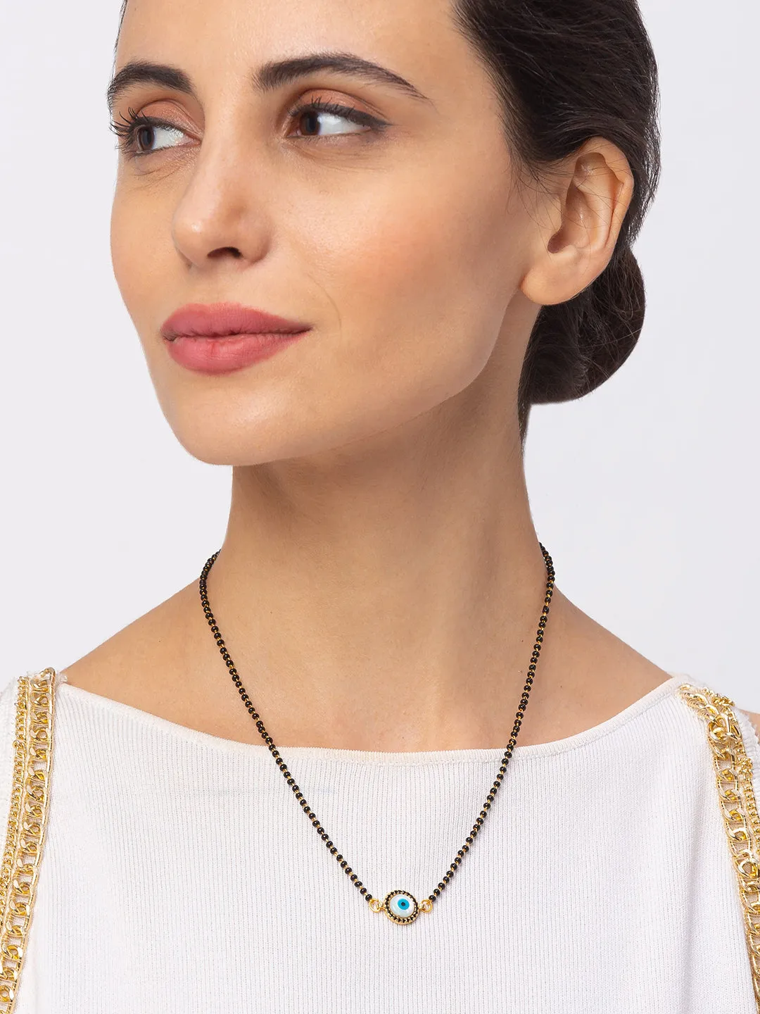 Digital Dress Room Evil Eye Gold Plated Short Mangalsutra मंगलसूत्र Latest Design Tanmaniya/Black Beads New Mangalsutra Designs For Women (17 Inches)