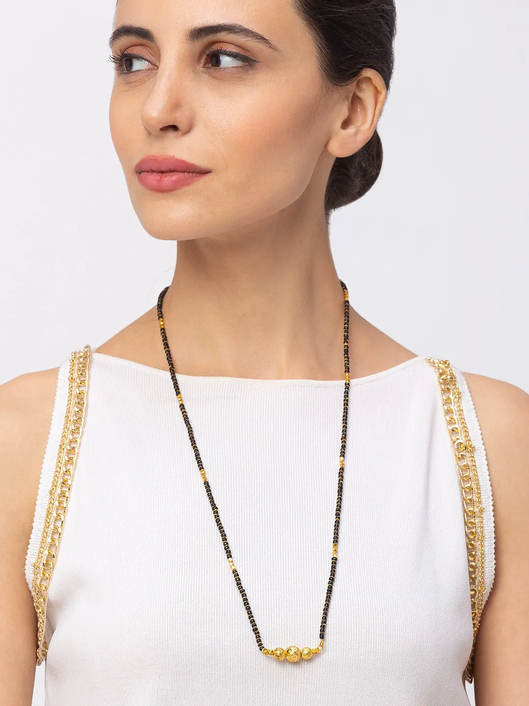 Digital Dress Room One Gram Gold Plated Long Mangalsutra मंगलसूत्र Latest Design Tanmaniya/Long Gold Chain/Black Beads New Mangalsutra Designs For Women (27 Inches)